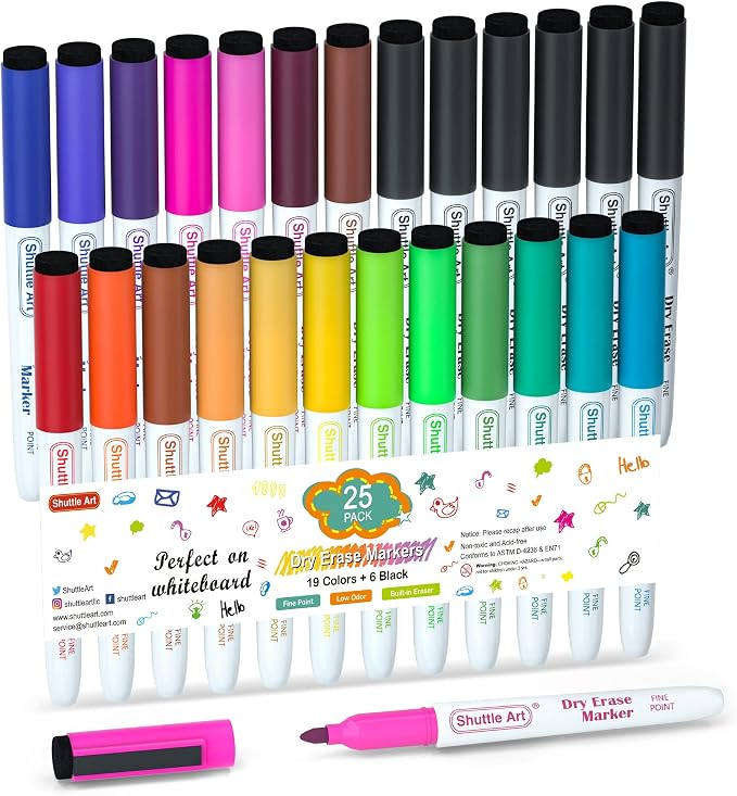 Shuttle Art Dry Erase Markers 25 Pack 20 Colors Plus 5 Extra Black Fine Tip
