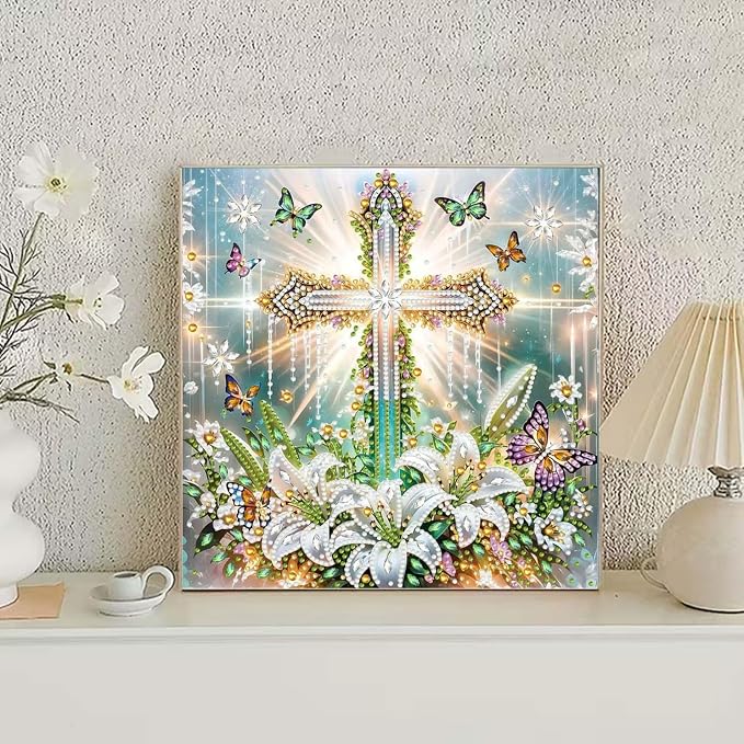 GEMOUJ Cross Flower Diamond Painting Kits for Adults,5D Cross Jesus Diamond Art Kits for Adults Beginners,DIY Special Shaped Diamonds Dot Art Paintings for Home Wall Decor 12 X 12 inch