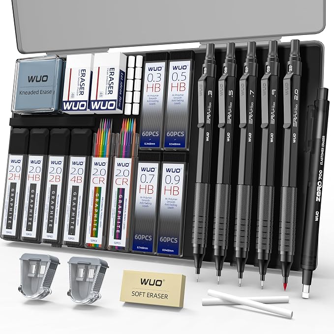 WUO Mechanical Pencil Set, 5 Pack Drafting Pencils 0.3/0.5/0.7/0.9/2.0mm