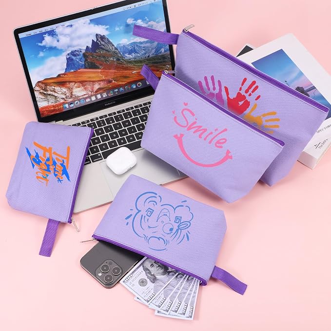 10 Pieces Cotton Canvas Makeup Bag with Bottom and Strap, Multi-Purpose Cosmetic Bag with Zipper Travel Toiletry Pouch, Blank DIY Craft Bag (Purple, S)