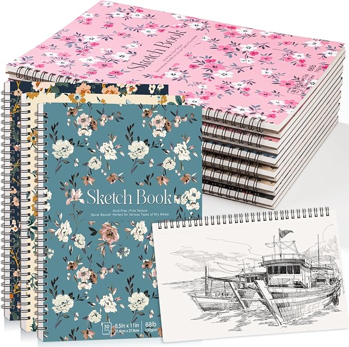 12 Pack Sketch Books 8.5 × 11 in, Top Spiral, 30 Sheets, Acid-Free | 100gsm Paper, Hardcover with Rigid Backboard, Lay-Flat Top Spiral, for Pencil, Ink, Charcoal And Colored Pencil