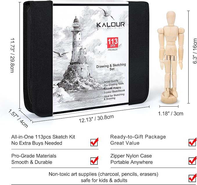 KALOUR 113PCS Drawing Set, Professional Sketching Kit with 3-Color Sketchbook,Graphite & Charcoal Pencils, Wooden Mannequin, Art Tools in Zipper Case, Art Supplies for Beginners & Artists Gift
