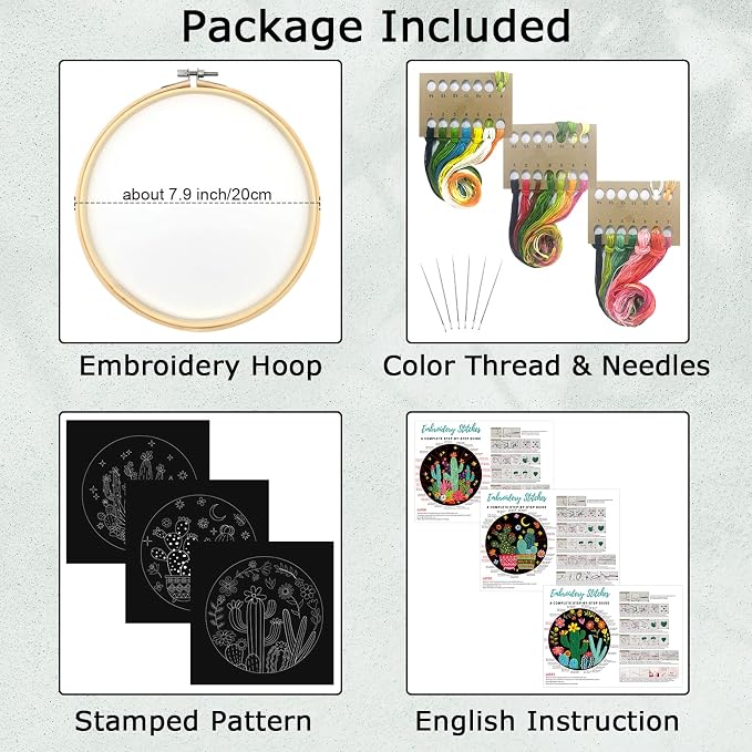 Nuberlic 3 Pack Embroidery Kit for Beginners with Cactus Pattern