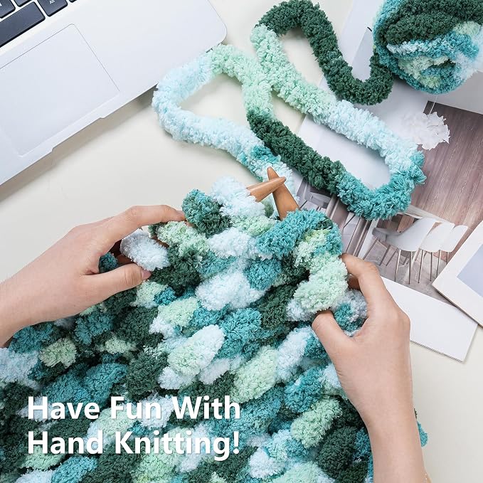Cozyful Chunky Yarn for Hand Knitting - #10 Chunky Chenille Blanket Yarn, Jumbo Big Thick Chunky Yarns for Crocheting, Tie Dye Bulky Knit Yarns, 8 Skein (20 yds 8 oz Each Skein), Forest&Teal&Sky&Mint