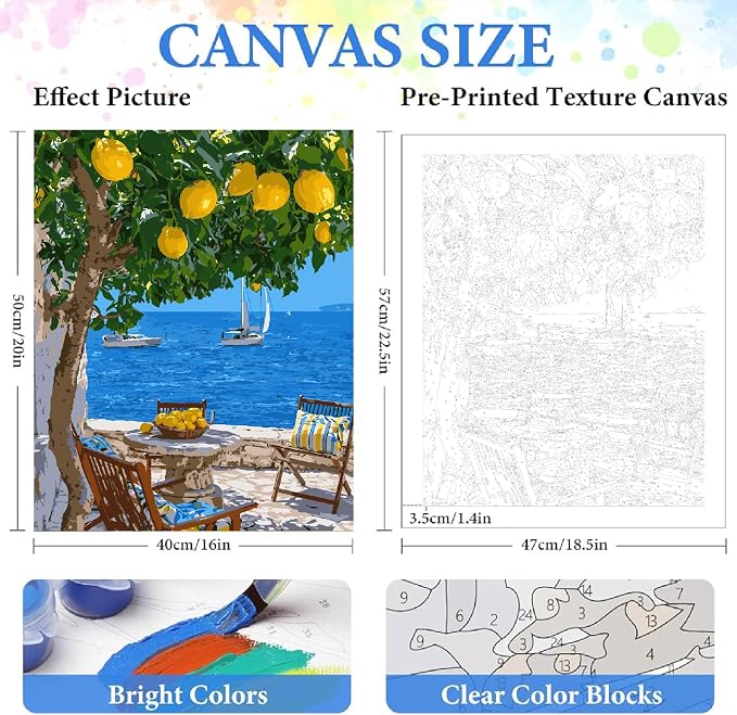 ZRIZQ Landscape Paint by Numbers Kit for Adults Beginner,Lemon Tree,16x20 | Full set with rich paints,wooden brushes,rolled canvas.Calming activity.Beginner friendly.Just open and paint.
