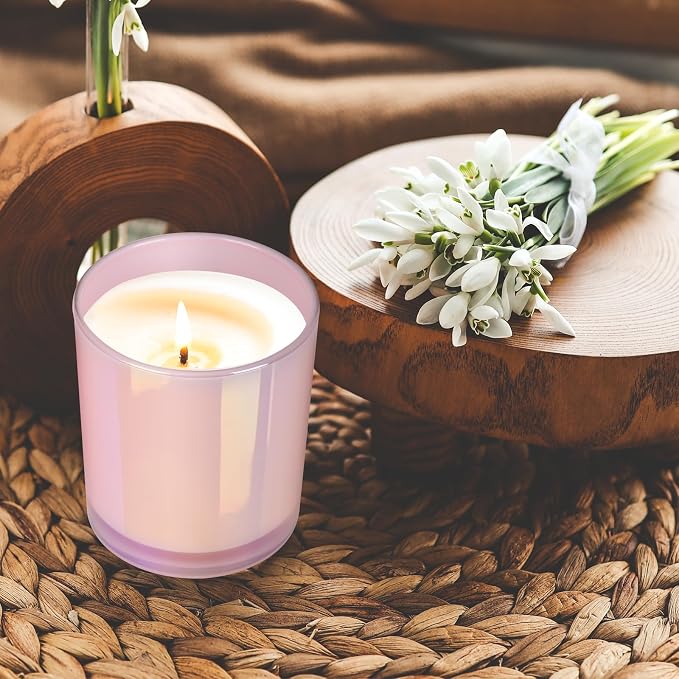 SHOWIN Thick Candle Jars for Making Candles 12 Pcs, 14 OZ Empty Jars with Wood Lids for Candle Making, Sample Container, Glitter Pink