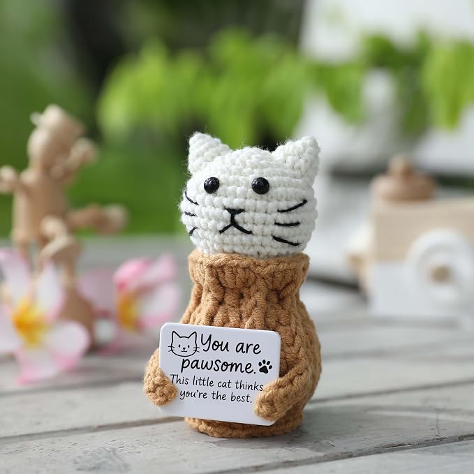 Positive Crochet Animals Cat – “You are Pawsome” Valentines Day Gifts for Him Her Boyfriend Girlfriend Women Teens, Emotional Support & Cheer Up Present, Teacher Appreciation, Birthday Gift