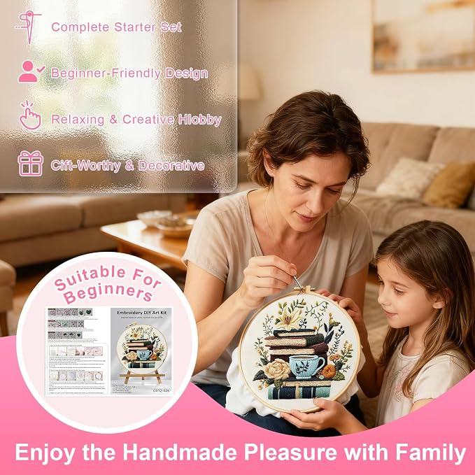 Huacan Flowers Embroidery Kit for Beginners Stamped Books and Flowers Pattern Cross Stitch Kit with Instructions