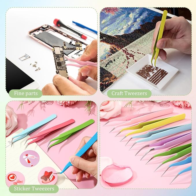 Honoson 9 Pcs Curved Pointed Craft Tweezers Precision Tweezer,Macaron Colors
