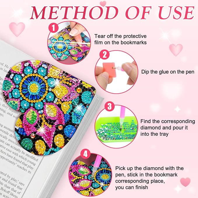 WIVICO 4Pcs Diamond Painting Bookmarks, Diamond Pearl Art Kits for Adults | DIY Bookmark,Diamond Dots Paint By Numbers Kit,Gifts for Book(Heart)