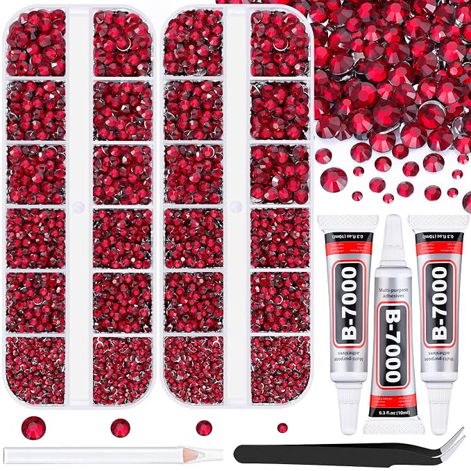 12100Pcs Resin Rhinestones for Crafting with 3Pcs 10ml B7000 Jewelry Glue, 2 Boxes Flatback Crystals Diamond (Dark Red) for Bedazzling Crafts DIY Nail Art，Non Hotfix Gems for Clothing Shoes