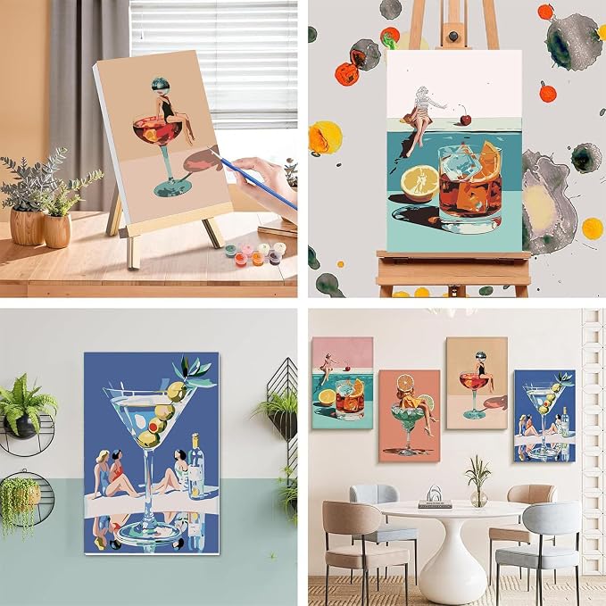 4 Pcs Cocktail Paint by Numbers for Adults with Frame Canvas - Wooden Easel | Cocktail Paint by Number for Beginners, Easy Acrylic Oil Painting on Canvas with Brushes for Home Wall Decor (8x12 inch)
