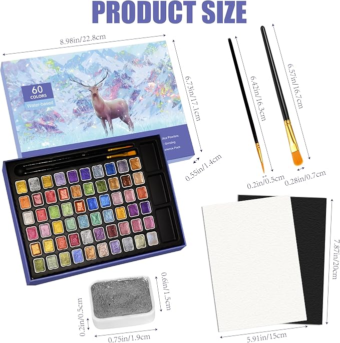 Mini Shimmer Watercolor Paint Set, 60 Colors Glitter Metallic Watercolour Painting Sets, Solid Pearl Water Color Paints for Artists, Amateur Hobbyists and Painting (60 Colours)