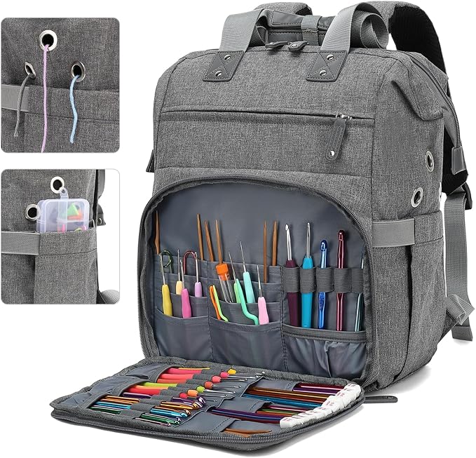 Knitting Bag Backpack Yarn Storage Organizer Travel Bag with USB Charging Port, Large Tote Bag Holder Case for Knitting Needles, Crochet Hooks, Accessories, Grey
