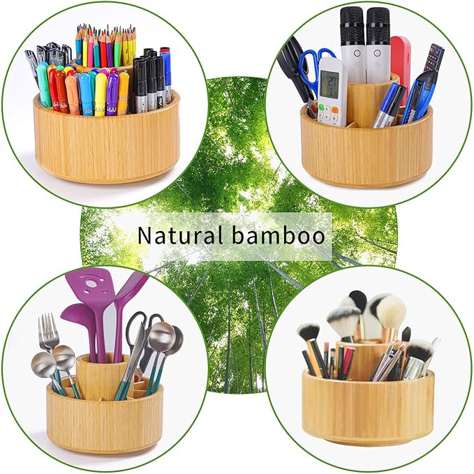 Utoplike Bamboo Rotating Art Supply Desk Organizer, Pencil Holder Desktop