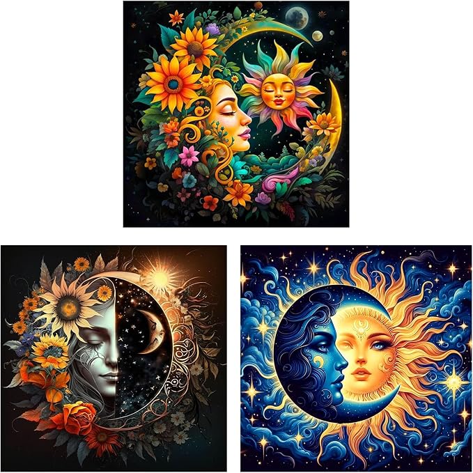 Axquilon 3 Packs Sun and Moon Paint by Numbers Kit for Adults 12x12in