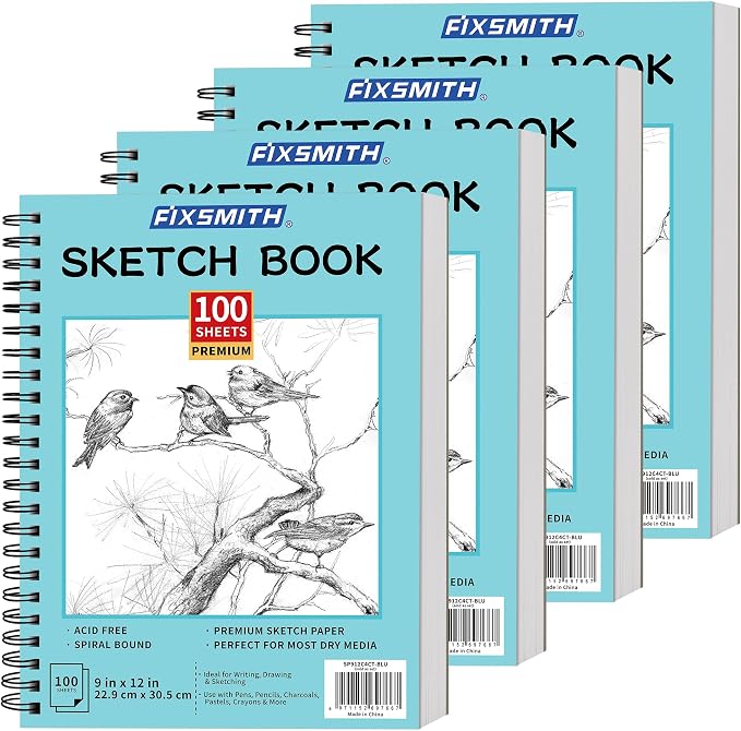 FIXSMITH 9"X12" Sketch Book, 100 Sheets, 68 lb/100gsm,4 Pack Blue | Acid Free Drawing Paper | Spiral Bound Artist Sketch Pad | for Kids, Beginners, Artists & Professionals | Bright White