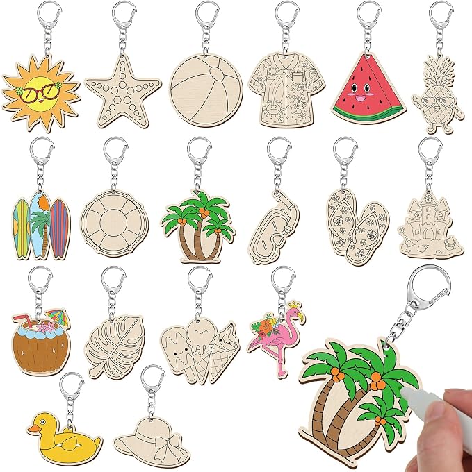 Trnayi 36 Pcs Summer Unfinished Wood Keychains Color Your Own DIY Craft | Summer Wooden Keychains, Color Your Own Unfinished Craft, Beach Fruit Wood Painting DIY Crafts, for Party Art Project Decor