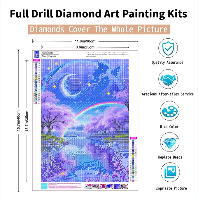 PINFFSHU 5D Diamond Painting Kits for Adults - Fantasy Starry Sky, Pink Cherry Blossoms & Magical Moonlit Rainbows DIY Full Drill Art, Sparkling Enchanted Landscape Wall Decor 12x16 Inches (30x40cm)