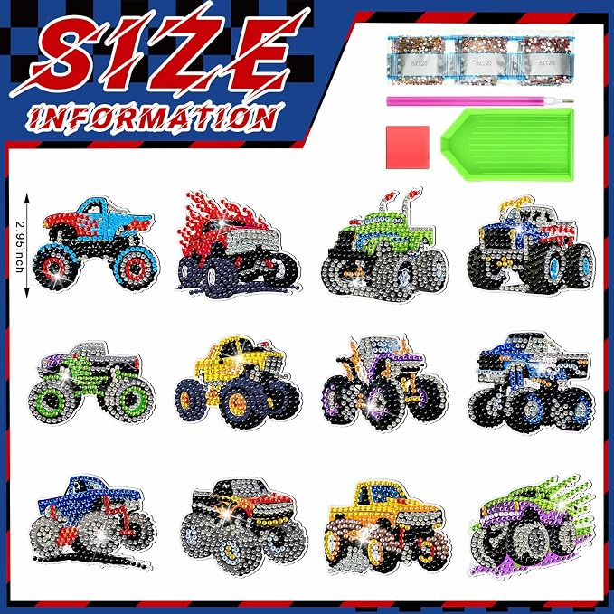 Zonon 12 Pcs Truck Diamond Art Magnets, Diamond Painting Kits Fridge | Easy Truck Theme Kits for Kids Boys, Colorful Designs for Fridge Home Decor, Creative Magnetic Stickers Gift Ideas