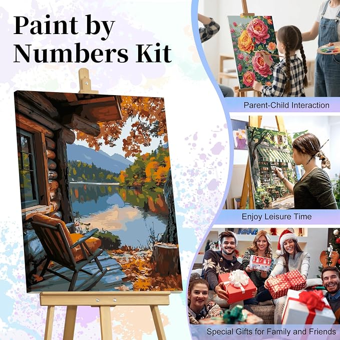Paint by Numbers Kit for Adults, Fall Lake Cabin Number Painting Canvas Kit | DIY Acrylic Painting Set for Beginners, Stress Relief Relaxing Craft, Home Wall Decor, Holiday Gift for Adults, 16x20 Inch