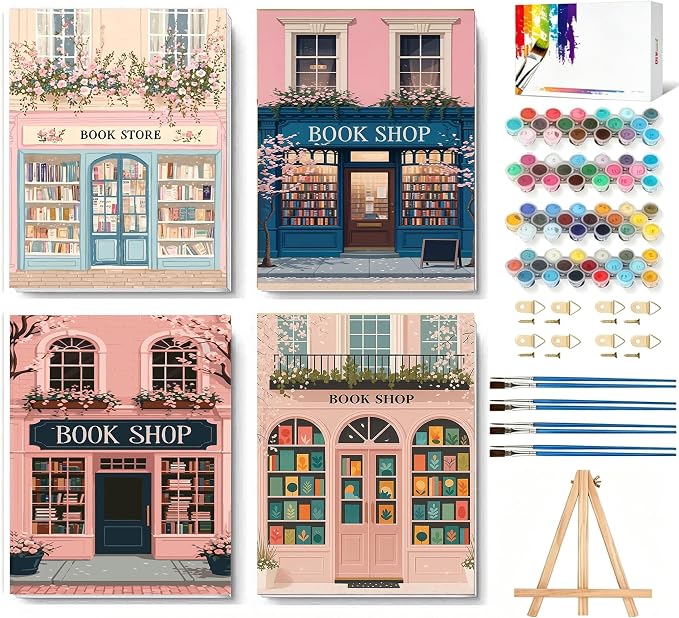 4 Pack Book shop Paint by Numbers Kit for Adults with Frame, Easy Bookstore Paint by Number for Adults Beginner with Wooden Easel, DIY Painting by Numbers Canvas Framed for Home Decor 8 x 12 Inch
