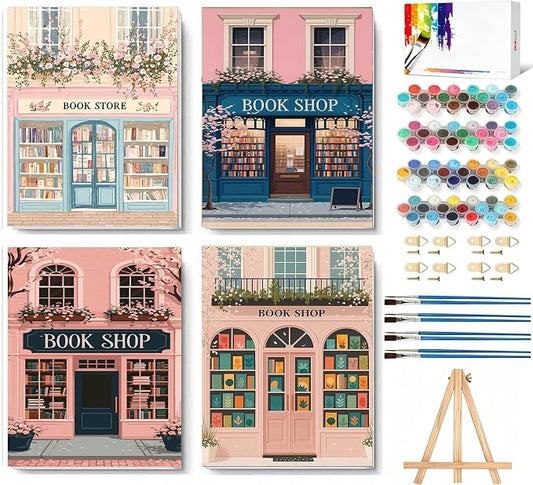 4 Pack Book shop Paint by Numbers Kit for Adults with Frame, Easy Bookstore Paint by Number for Adults Beginner with Wooden Easel, DIY Painting by Numbers Canvas Framed for Home Decor 8 x 12 Inch