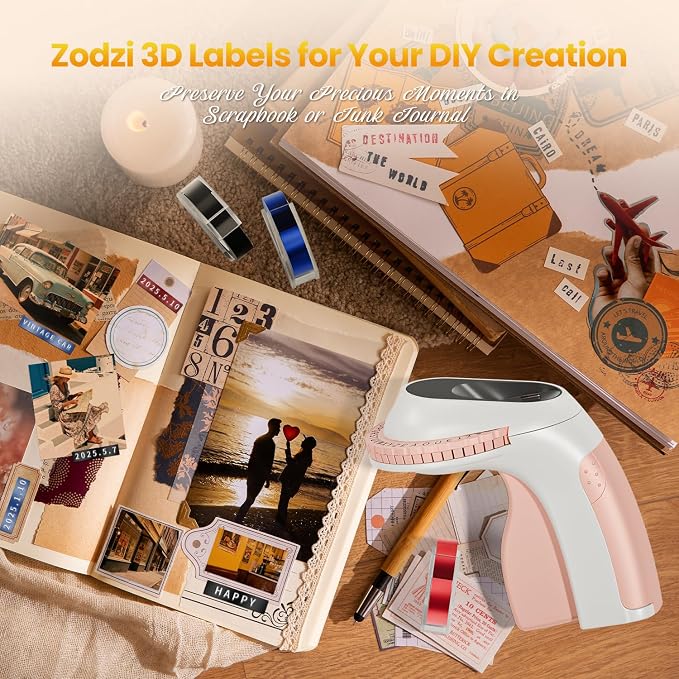 Zodzi Label Maker Embossing Label Maker for Scrapbook Junk Journal Supplies | Label Maker Machine with Tapes for DIY Crafts,Journal Supplies,Old School Embosser with 3 Rolls 3D Labeler Waterproof Tapes