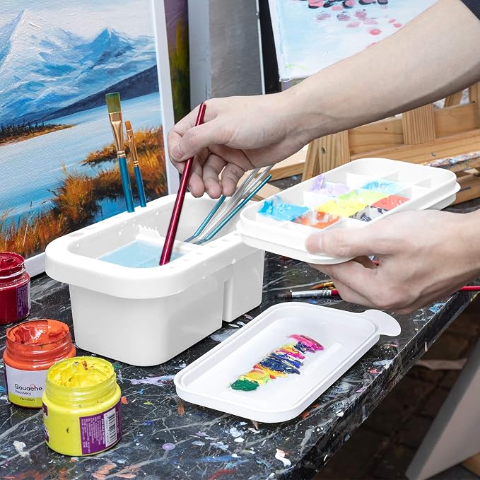 MyLifeUNIT Paint Brush Cleaner, Paint Brush Holder with Palette, White | 18 mixing wells, 16 slots fitting 0.24-0.63 in diameters, 3 washing compartments, removable tray lid