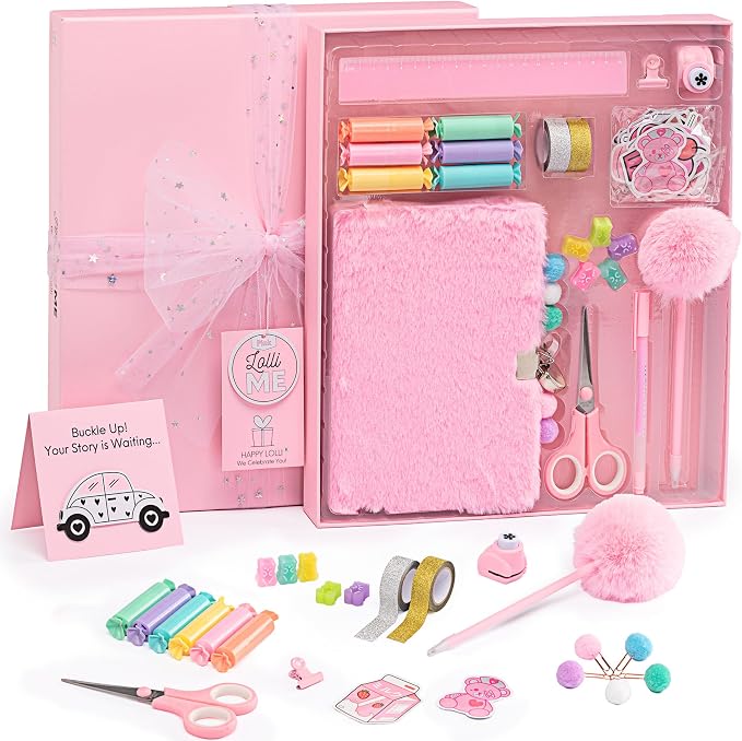 HAPPY LOLLI Pink LolliME DIY Journal Kit for Tween & Teen Girls Ages 8–14, Birthday Gift, 300+ Pieces Lockable Diary Set, Arts & Crafts, Scrapbook & Creative Journaling