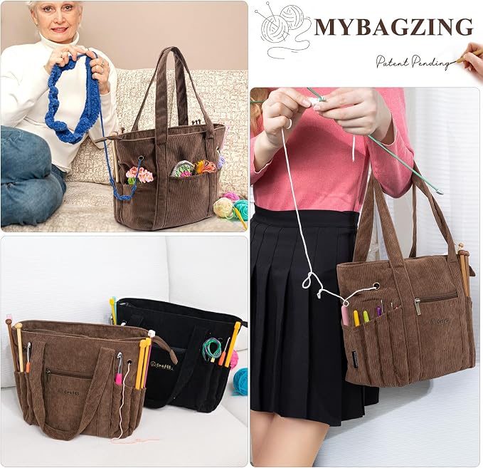 MYBAGZING Crochet Bag and Tote - Corduroy Yarn Bag - Yarn Holder for Crocheting - Crochet Storage Bag for Crochet Hooks, Crochet Accessories, Knitting Bag for Crochet Lovers, Mother's Day Gift