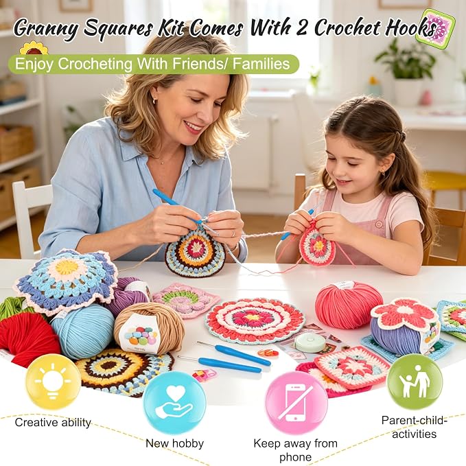 Katech Crochet Kit for Beginners, 50 Granny Squares Kit for Adults Beginner