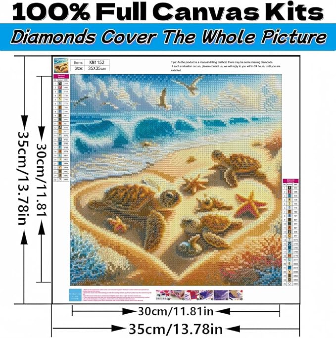 Beach Diamond Painting Kits for Adults Beginners Turtles Gem Painting | 5D Diamond Art Painting for Adults, Gem Art Kits for Adults, Paint by Diamonds DIY Wall Decor Gift13.78X13.78Inch