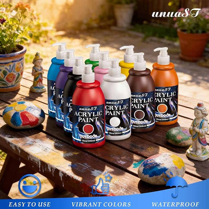 Outdoor Acrylic Paint Waterproof Set 10oz, 10 Color Outdoor Paint with Pump | Includes Pump, Richly Pigmented, 300ml, Waterproof Outdoor Acrylic Paint for Artists/Beginners on Rocks, Wood, Metal, Crafts