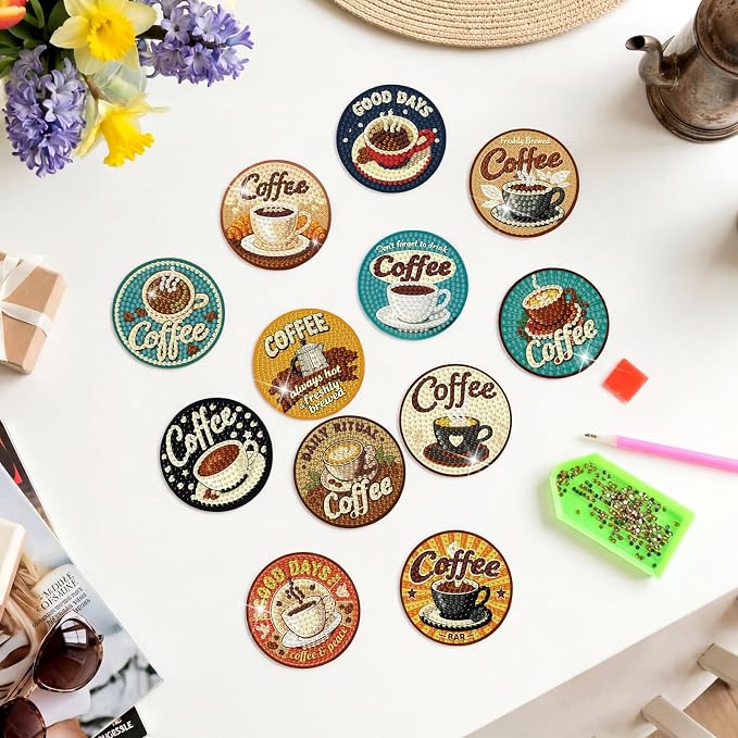 Zonon 12 Pcs Coffee Diamond Art Magnets, Diamond Painting Fridge Decor | Magnetic Stickers for Fridge Locker Board, Coffee Bar Decor with Kids, Small Painting Art Set in Home Kitchen