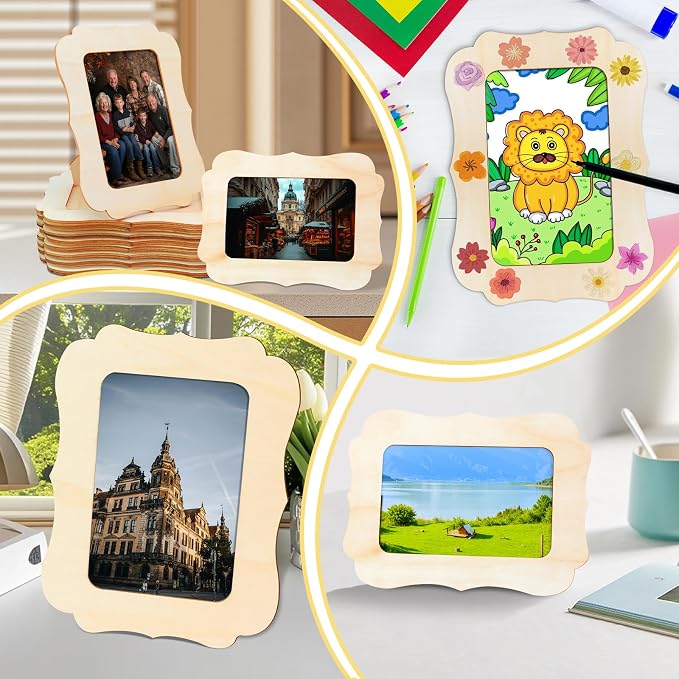 VOKOY 20 Pack Wooden Picture Frames for Crafts, 4" x 6" Photos DIY Wood Frames for Crafting,Unfinished Standing Photo Frames DIY Craft Wood Decorate for Birthday Party Gifts,Vintage Shape