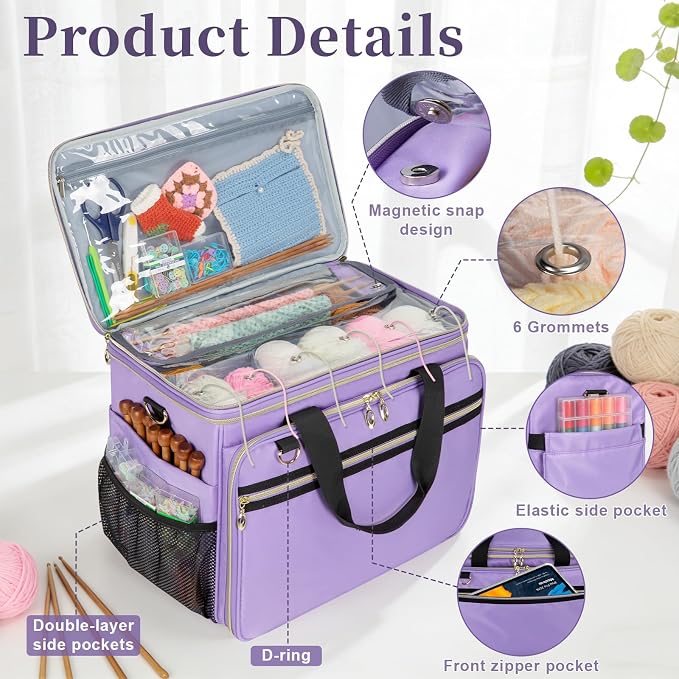 Anitor Large Crochet Bag Knitting Bag Yarn Storage Tote, Yarn Bag, Purple