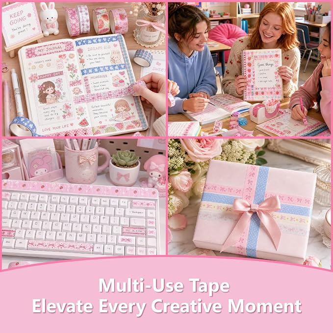 Bomichi Washi Tape Set - 42 Rolls Cute Pink Bow Decorative Scrapbook Tape