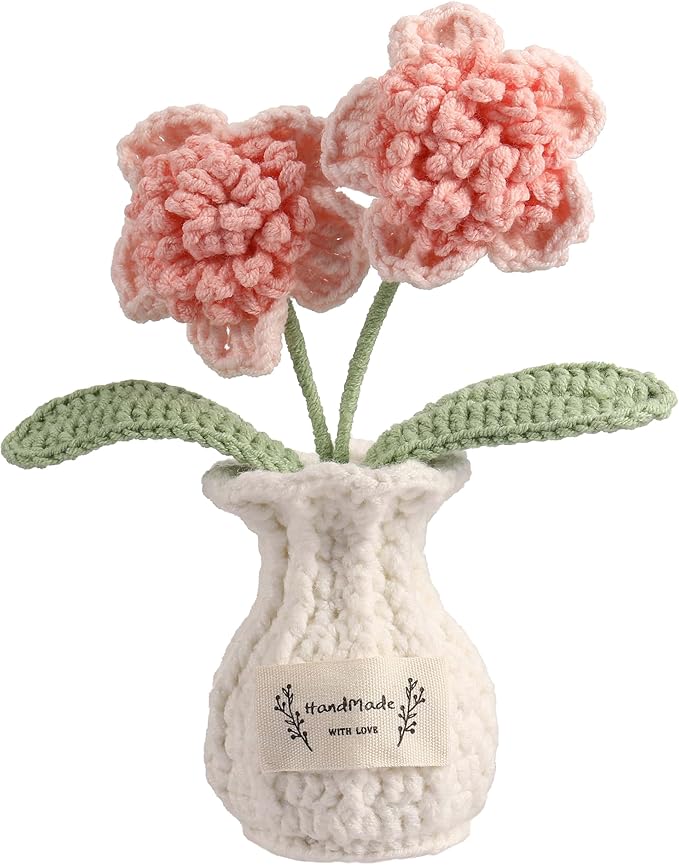 Crochet Paris Polyphylla Flower Pot Handmade Knitted Desk Decor Pink Potted Plant for Home Office
