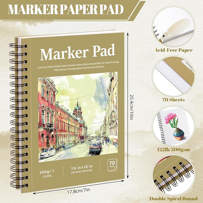 200gsm Hardcover Marker Paper Pad 7.6 × 10 in, 70 Sheets, Spiral Bound