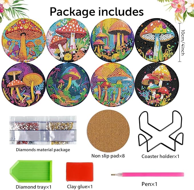 8 Pcs Diamond Art Coasters Kits, Mushroom Diamond Painting Coasters Kits