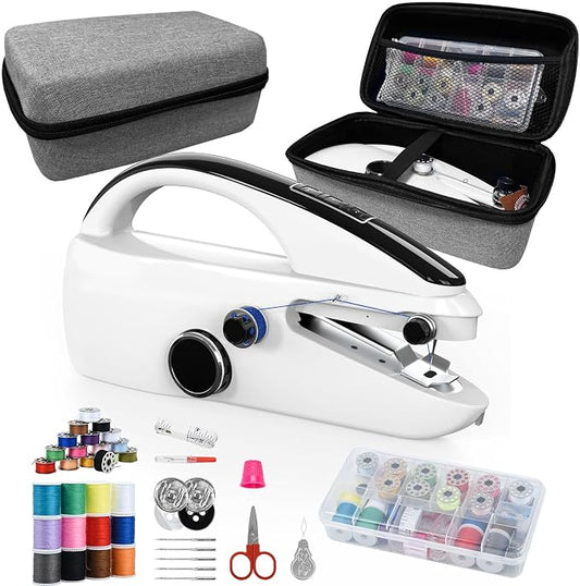 Portable Handheld Sewing Machine, Compact Mini Stitcher with 20 Thread Spools, Needles & Accessories, Easy Sewing Kit for Fabric Repair, DIY Clothes, Home Craft & Travel for Beginners and Adults