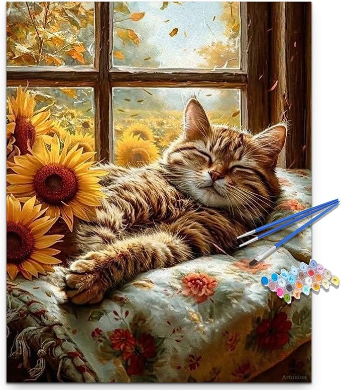Artunion Sleelp Cat Paint by Numbers Kit for Adults,Sunflowers Paint by Number Kits, DIY Oil Painting Paint by Number Kits on Canvas Arts Craft for Home Wall Decor 16x20 Inch