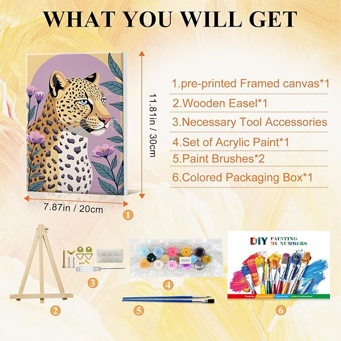 SparkGlow Leopard Paint by Numbers Kit for Adults with Frame, 8×12 Inch | Beginners Fridendly, HD Canvas, Include Easel, Vibrant Acrylic Colors, Number Painting for Gifts, Wall Decor, Relax and Fun