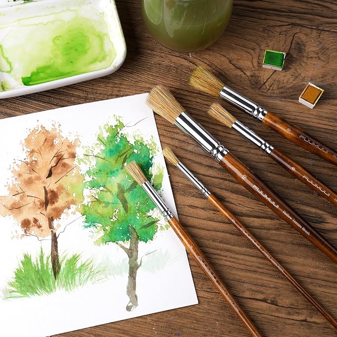 Fuumuui Texture Paint Brush Set, 5Pcs Hollow Natural Hog Split Bristle Flat Artist Paint Brushes for Watercolor, Gouache, Acrylic and Oil, Textured Canvas Creation for Beginners & Professional