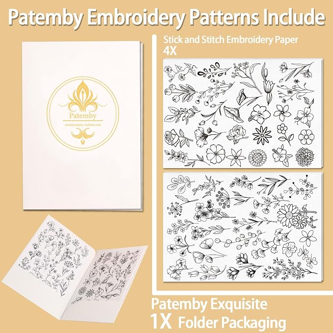 Patemby 100Pcs Embroidery Pattern Water Soluble Embroidery Stabilizers, Stick and Stitch Embroidery Paper Wash Away with Pre-Printed Pattern Design Stencils Transfer for Hand Sewing Lover Beginner