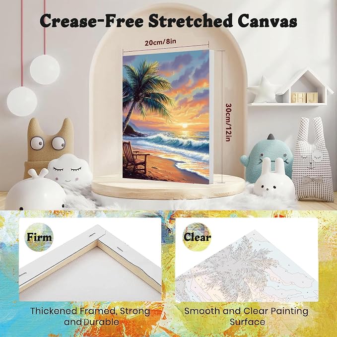 xackcme Beach Paint by Numbers for Adults with Framed Canvas 8x12 inch | Landscape Paint by Number on Canvas, DIY Sunset Acrylic Oil Painting Kits with Wooden Easel Brushes for Home Wall Decor