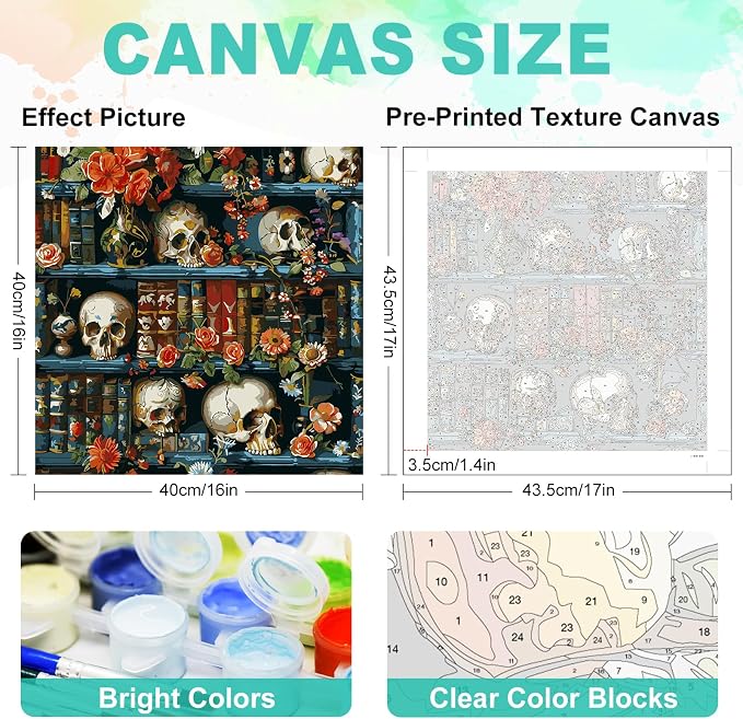 GEEHEIY Paint by Numbers Kit for Adults, Skull Bookself, 16 x 16 Inch | DIY Adult Paint by Number Kit on Canvas for Beginners, without Frame, Gothic Library Wall Decor, Stress Relief Craft Gift