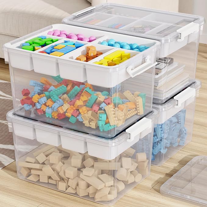 160Qt Stackable Storage Bins with Lids Trays Craft Box Organizers, 4Pack,WH