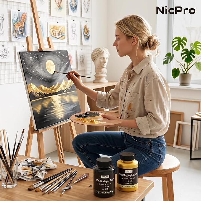 Nicpro Metallic Gold Acrylic Paint, 8.45oz/250ml Large Gold Leaf Paint | Non Toxic, Non Fading Craft Paints for Metal, Wood, Clay, Fabric, Canvas, Furniture, Handcrafts, Art Supplies